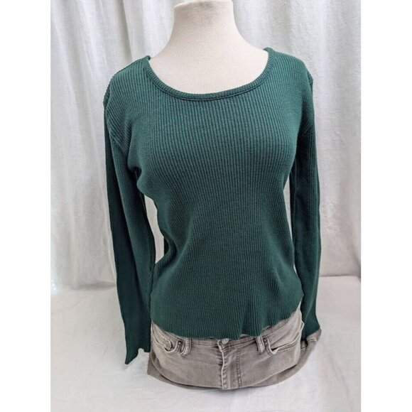 Styles to Go women's Large green scoop neck ribbed sweater 100% cotton Y2k SW10 - Picture 1 of 7